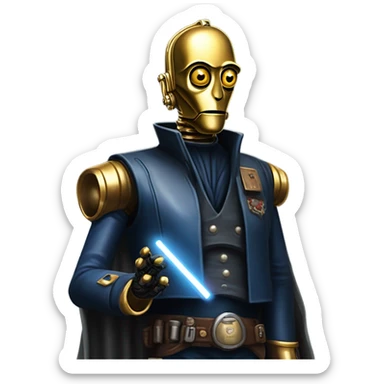 bounty hunter tarnished undercover tough well-equipped Jedi  life-sized darkblue-pearl C3po leather vest clothing pants and vest old west duster coat holding light saber sheriff sticker