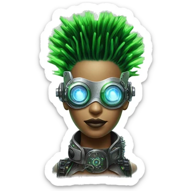 Neon green Mohawk hair female cyborg head with silver steampunk goggles and circuits sticker