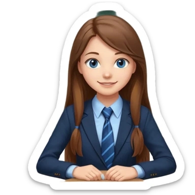 high school class room with a pretty female high school student with long brown hair, blue eyes, wearing a tie, sitting in front of the blackboard sticker