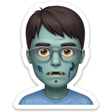 an emoji of a male zombie with dark brown hair and bangs that cover your entire forehead and extend to your eyebrows, wearing square, bluish glasses. sticker