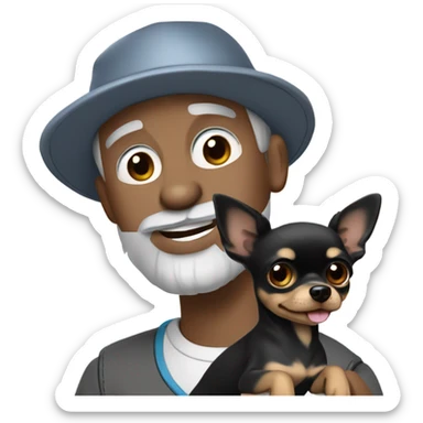 blue eyed man gray hair gray goatee wearing ball cap holding black long haired chihuahua sticker
