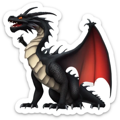 dragon siting with black scales and Scarlet markings 2 black horns waving his claw in drawn anime style. vibrant colors. slight smirk and tilted head red membrane on the wings detailed scales, and eyes sticker