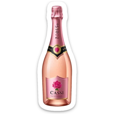 bottle of sparkling rosé champagne with a rose logo on the label, tilted up and to the right, no glass sticker