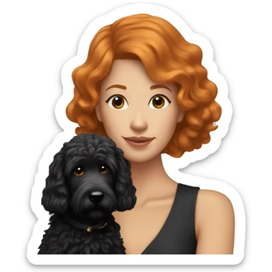 Woman with ginger coloured hair holding black goldendoodle sticker