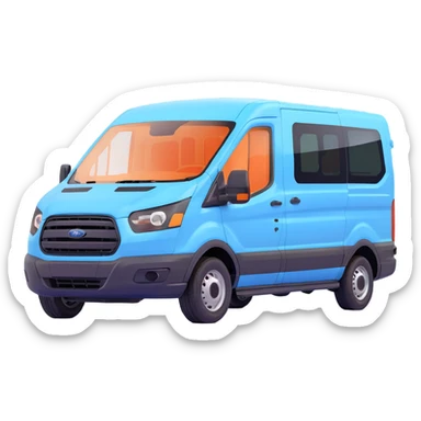 electric light blue Ford Transit passenger van, side profile, front facing right, simplified details sticker