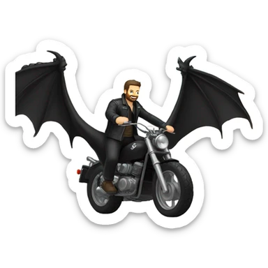 Confident White Man with dark brown hair and a short beard wearing black leather jacket and pants riding on the back of a giant black dragon sticker