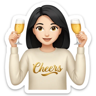 A woman with longer black hair, light to medium skin tone, full cheeks, and almond-shaped eyes, wearing a simple white sweater with the word 'cheers' in gold script, joyful and radiant expression, cheerful, emoji style, just her torso, no hands, no cups. sticker