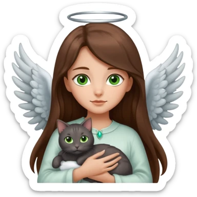 Girl with long brown hair holding a dark gray cat with green eyes, angel wings on the cat sticker