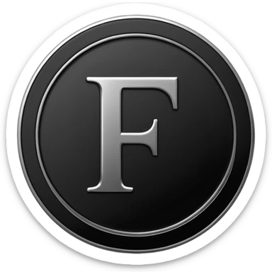 Emoji icon of a black coin with engraved letter F, minimalist style, isolated, no color sticker