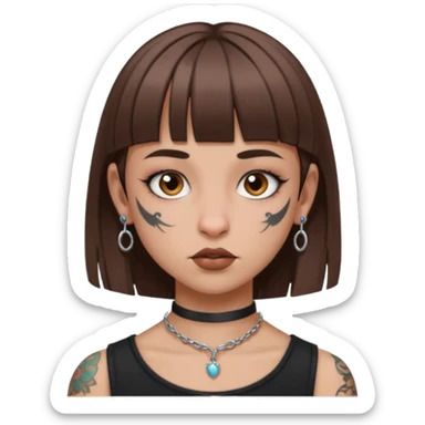 Alternative girl with straight brown hair and micro bangs and a throat tattoo sticker