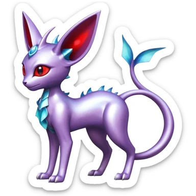 Mechanical Silvery Iridescent Miraidon-Espeon-Mewtwo-Vaporeon-Fakémon-hybrid-creature (full body)  with red eyes and intricate markings sticker