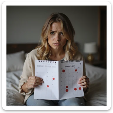 hyperrealistic 4K detailed image of a woman with hormonal imbalance, sitting on bed holding menstrual calendar, confused expression, red circles on some dates, domestic environment sticker