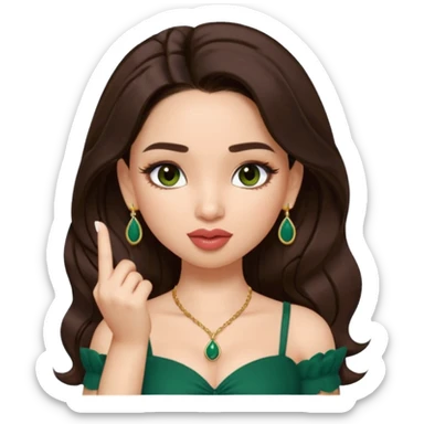 pretty bratz genmoji that looks like tamannah bhatia (bollywood actress), wearing a dark green sweetheart neckline top, dark brown hair, light makeup, no necklace, dangly earrings, side hair part, fair. dark brown eyes


Show her licking her finger  sticker