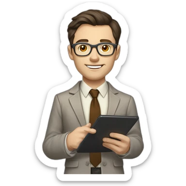 Pale skinned fit man with dark brown hair in gray jacket, beige office shirt, brown tie, brown pants and vintage glasses Writing on the tablet sticker