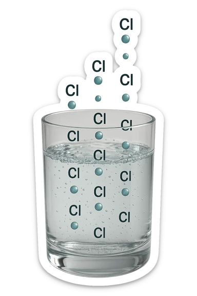 un bicchiere di acqua fluttua in aria realistico e dettagliato, dentro l'acqua del bicchiere ci sono particelle di cloro ben visibili con la scritta "Cl" sopra, ci sono particelle anche che escono dal bicchiere e fluttuan
o in aria verticalmente, mentre alcune sono all'interno dell'acqua nel bicchiere, iperrealistico 4k sticker