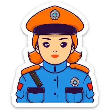 Female Russian police officer with traditional Russian police fur hat and blue uniform sticker