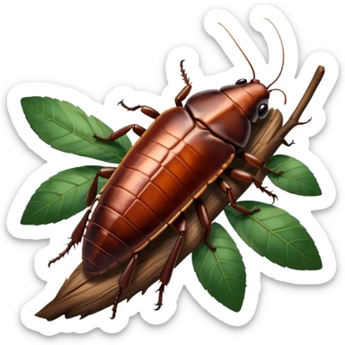 Giant Madagascar cockroaches perched on a branch, showcasing their large, shiny bodies and unique texture. The background includes soft lighting with a natural, leafy atmosphere. Transparent background. sticker