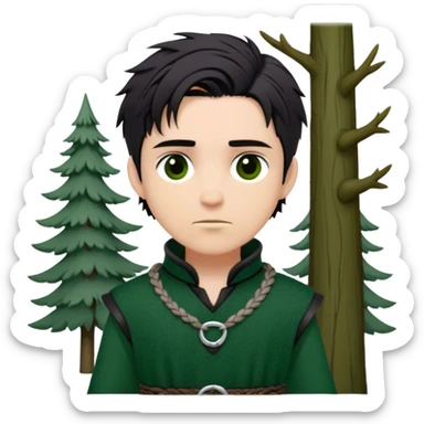 Medieval spring outfit worn by a DnD themed fantasy male character. Forest green wool tunic with silver thread detailing at the collar, secured with a braided leather belt. Clothes only above the waist, full waist coverage. The character has no arms. Character is white-skinned with raven-black hair, deep brown eyes, and tousled short hair. sticker