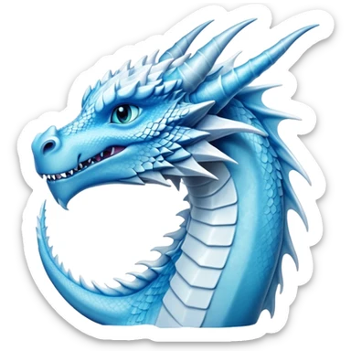 Cinematic Noble elegant Ice Dragon Portrait Emoji, Poised and imposing, distinct long elegant snout, with a slender, scaled body shimmering in glacial hues of icy blue, frostbitten silver, and crystalline white, breathing out frost, with piercing, glowing ice blue white eyes that radiate the chilling depths of an arctic storm; rendered in detail. sticker