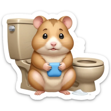 Cute chubby cartoon-style hamster sitting on toilet pooping looking as if he had an accident sticker