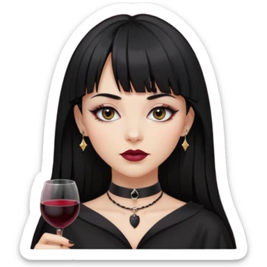 mulher cabelos pretos longos e lisos com uma franja curta acima dos olhos, olhos pretos com delineado, expressão séria, com um sorriso sensual e lábios cor de vinho, ela usa uma gargantilha preta com um pequeno pingente de morcego preto sticker