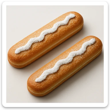 Make the ladyfinger biscuits more realistic: boost the golden-brown tones, add fine spongy and crisp texture, improve the powdered sugar detail, and refine the lighting and shadows for a highly realistic 3D effect. Keep the arrangement and background the same, no anthropomorphic features. The style should maintain the original realistic photographic look of the biscuits. sticker