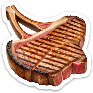 Cinematic thick-cut t-bone steak, perfectly seared with grill marks, a grilled center, rich and savory, warm glow, sizzling and mouthwatering, highly detailed and appetizing. sticker