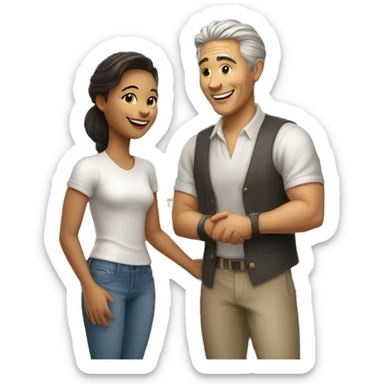 an old restaurant owner and young blogger in youth clothes, shaking hands, both with light skin, in great detail, in full height sticker