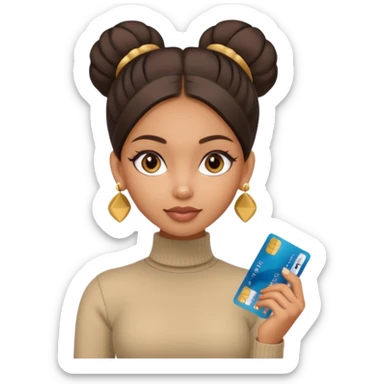 a pretty bratz fair indian girl wearing a beige turtleneck, golden earrings, bun, holding bank cards sticker