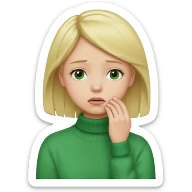 blonde girl in green jumper with hand on throat, sad sticker