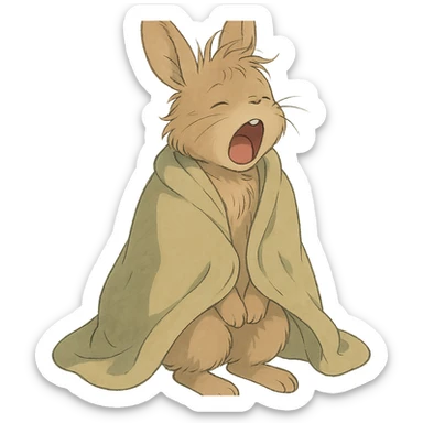 full-body pale brown bunny yawning with messy hair, blanket over shoulders, soft Ghibli style sticker