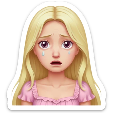 blonde with long hair and swamp eyes in a pink pastel dress, cry sticker