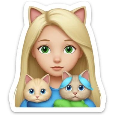 blonde girl with long blonde hair and blue eyes with chubby gray cat with big green eyes sticker