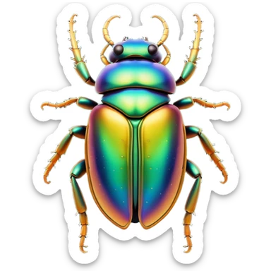 Cinematic Noble Beetle Portrait Emoji, Poised and robust, with a shiny, metallic exoskeleton in deep, iridescent hues and intricately detailed patterns, sharp, focused eyes and a sturdy, commanding form, Simplified yet sharply defined features, highly detailed, glowing with a cool, reflective luminescence, high shine, intelligent and resilient, stylized with an air of natural armor, focused and alert, soft glowing outline, capturing the essence of a watchful beetle that appears ready to crawl out of the screen with effortless strength! sticker