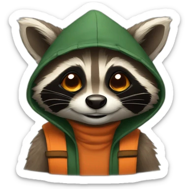 brown raccoon with orange eyes and a dark green hood that is laughing sticker