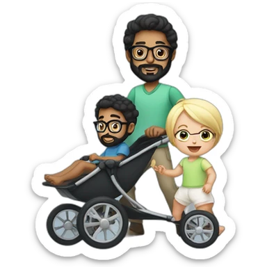 Black haired man with beard and glasses pushing buggy with blonde baby sticker