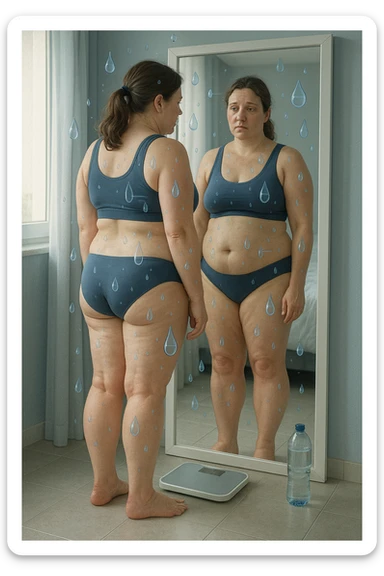Donna tra i 30 e i 40 anni con viso e corpo leggermente gonfi, in piedi davanti allo specchio in abbigliamento sportivo o intimo. Le gambe, le caviglie e l’addome appaiono visibilmente gonfi, con lieve arrossamento o sensazione di pesantezza. Accanto a lei una bilancia e una bottiglia d’acqua mezza piena. Espressione stanca ma consapevole. In trasparenza o simbolicamente, piccole gocce d’acqua o flussi liquidi bloccati, per rappresentare la ritenzione. Colori freddi, luce naturale e ambiente domestico. Stile realistico, con accenti simbolici ben comprensibili sticker