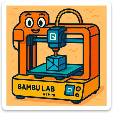 3D printer Bambu Lab A1 Mini, stylized, cartoon, friendly appearance sticker