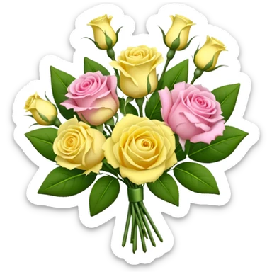 A mixed bouquet of four flowers, featuring pink roses and yellow lisianthus. sticker