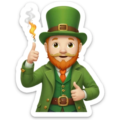 leprechaun looking up, and giving a thumbs up. on his left hand, he is holding his waist. change the hat band with orange band and a red belt. change the facial hair to white. on his mouth, he is smoking a red pipe. sticker