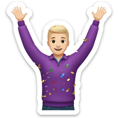 hombre sonriendo saltando con los brazos hacia arriba saltando, con explosivos, confites volando, sticker