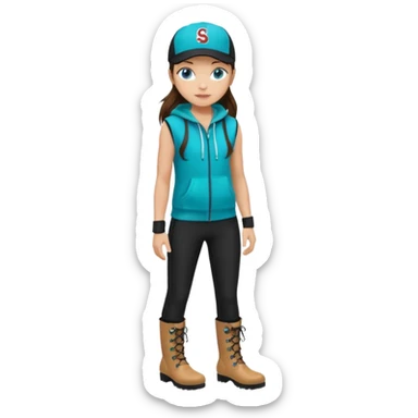 A landscaper in a beautiful turquoise hoody and turquoise rubber boots, black pants, and a black sleeveless shirt. On her head is a black color Swissotel baseball cap. The girl is a brunette with blue eyes. sticker
