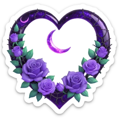 gothic heart made of ultraviolet glass, silver crescent moon, violet roses, holographic stardust, neon purple lightning, wet and cracked glass sticker