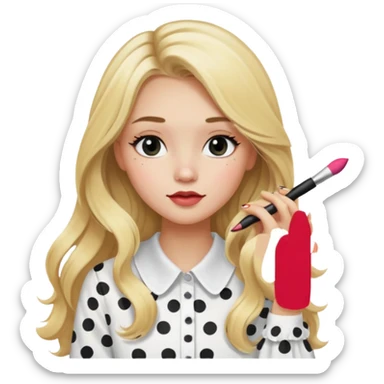 niña rubia con pelo largo y blusa blanca con lunares y maquillandose sticker