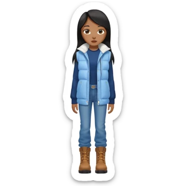 asin girl with black long slick backed hair wearing a dark blue long shirt and a puffy white sleeveless jacket on outside and light blue very baggy jeans with brown boots sticker