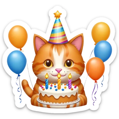 Ginger cat celebrates birthday, birthday hat, birthday cake, balloons, happy sticker