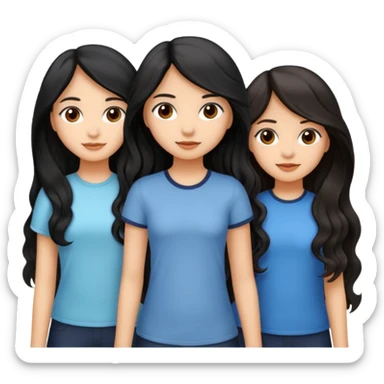 create a trio emoji girl with the first girl with a long black wavy hair with a light skin and the second girl with an mid length wavy hair with a little bit of brown color with light morena skin and the last with long black straight hair with light morena skin sticker