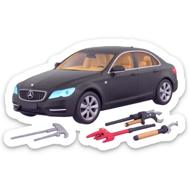 black luxury car with a clearly visible dent on the bodywork, specific PDR tools such as rods, levers, and small hammers positioned to show active repair, elegant and modern sticker