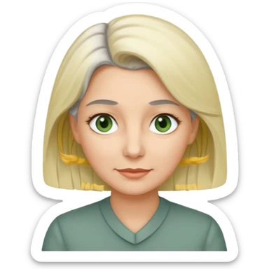 a woman in her late 40s and has greyish greenish eyes and blonde and grey hair sticker