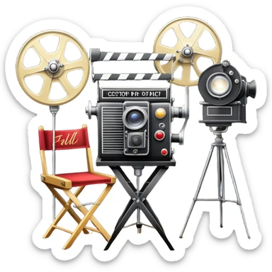 Icon for Acting: a theatrical mask, stage lights, a director’s chair, a script and a vintage movie camera, representing the craft of acting in theater. The design should reflect creativity, performance, and storytelling on stage. Transparent background. sticker
